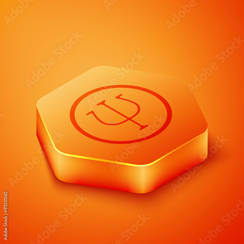 Isometric Psychology icon isolated on orange background. Psi symbol. Mental health concept, psychoanalysis analysis and psychotherapy. Orange hexagon button. Vector.