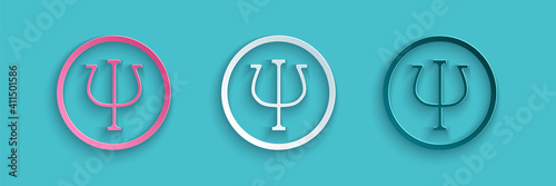 Paper cut Psychology icon isolated on blue background. Psi symbol. Mental health concept, psychoanalysis analysis and psychotherapy. Paper art style. Vector.