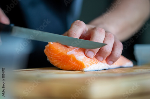 Chef Salmon on Fish Fillet Chopping Board