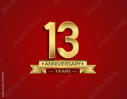 13 years anniversary golden design color with ribbon with red background can be use for template, party and special celebration moment