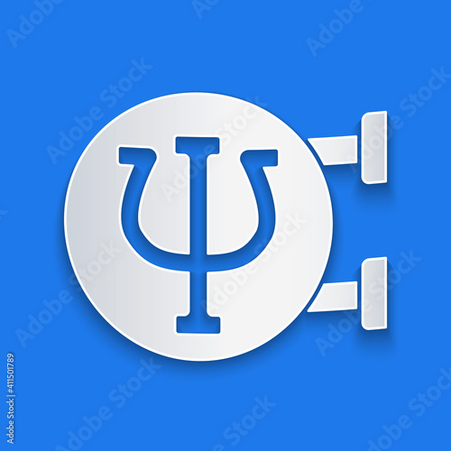 Paper cut Psychology icon isolated on blue background. Psi symbol. Mental health concept, psychoanalysis analysis and psychotherapy. Paper art style. Vector.