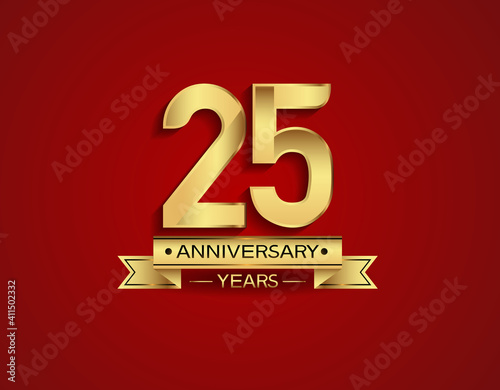25 years anniversary golden design color with ribbon with red background can be use for template, party and special celebration moment