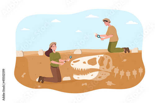 Male and female archaeologist discovering dinosaurs remains under ground. Young smiling couple invetigate dinasaur bones and anatomy with magnifier after excavations. Flat cartoon vector illustration
