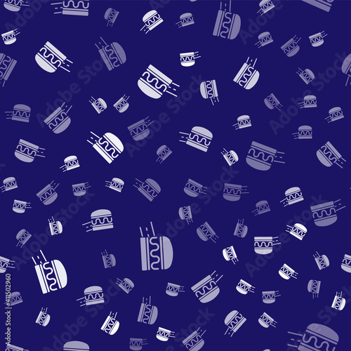 White Online ordering and burger delivery icon isolated seamless pattern on blue background. Vector.