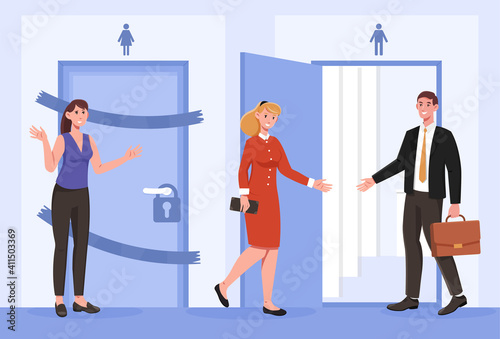 Women are entering men s toilet because theirs is broken. Businessman lets women inside man s toilet. Concept of solving the problem without discrimination. Flat cartoon vector illustration