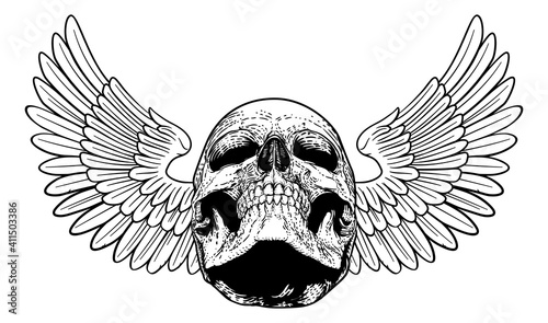 A winged skull graphic. Original illustration in a vintage engraving woodcut etching style.