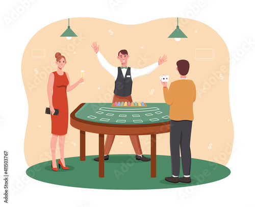 Male and female characters are playing casino games. Croupier count chips. Man and woman are playing blackjack at casino table. Flat cartoon vector illustration