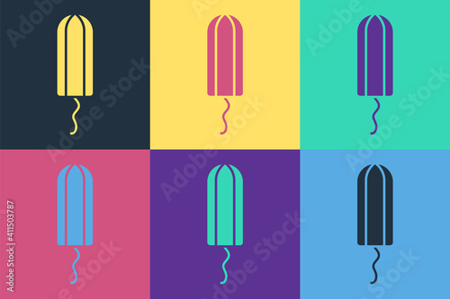 Pop art Menstruation and sanitary tampon icon isolated on color background. Feminine hygiene product. Vector.
