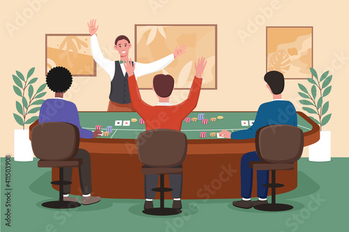 Male and female characters are playing casino games together. Male player with stack of chips. Concept of gambling with opponents. Three person sitting in casino. Flat cartoon vector illustration