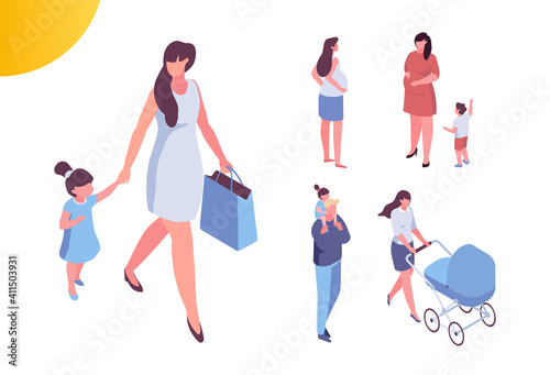 Parents with children isometric people set isolated on white background. Happy family with kids together, mother with pram. Parenting. Mother care.