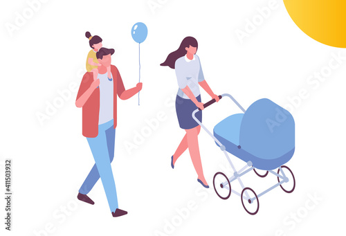 Parents with children isometric people set isolated on white background. Happy family with kids together, mother with pram. Parenting. Mother care.