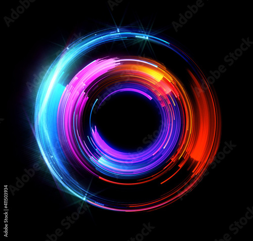 Vivid abstract background. Beautiful design of rotation frame. .Mystical portal. Bright sphere lens. Rotating lines. Glow ring. .Magic neon ball. Led blurred swirl. Spiral glint lines. HUD
