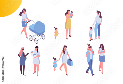 Parents with children isometric people set isolated on white background. Happy family with kids together, mother with pram. Parenting. Mother care.