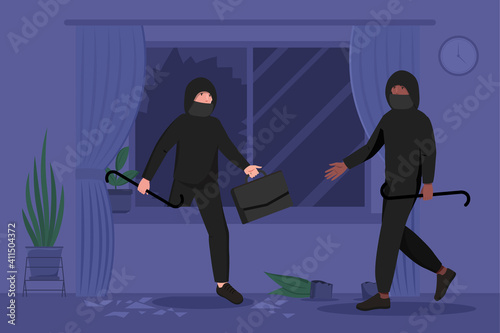 Two male burglars in masks and hoodie breaking in house or apartment. Concept of theft, burglary or housebreaking. Male thiefs broke the window and about to steal. Flat cartoon vector illustration.