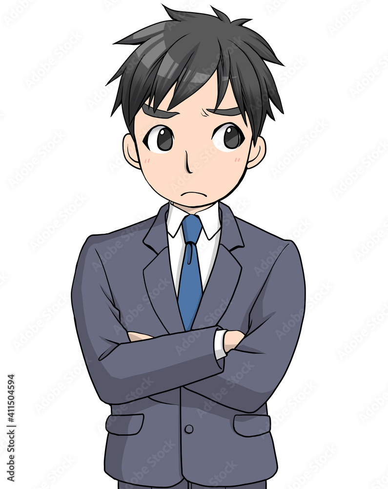 腕組みをして考えごとをしているスーツの男性