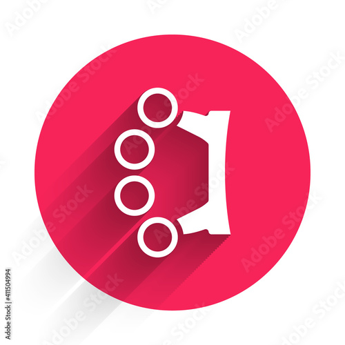 White Brass knuckles icon isolated with long shadow. Red circle button. Vector.