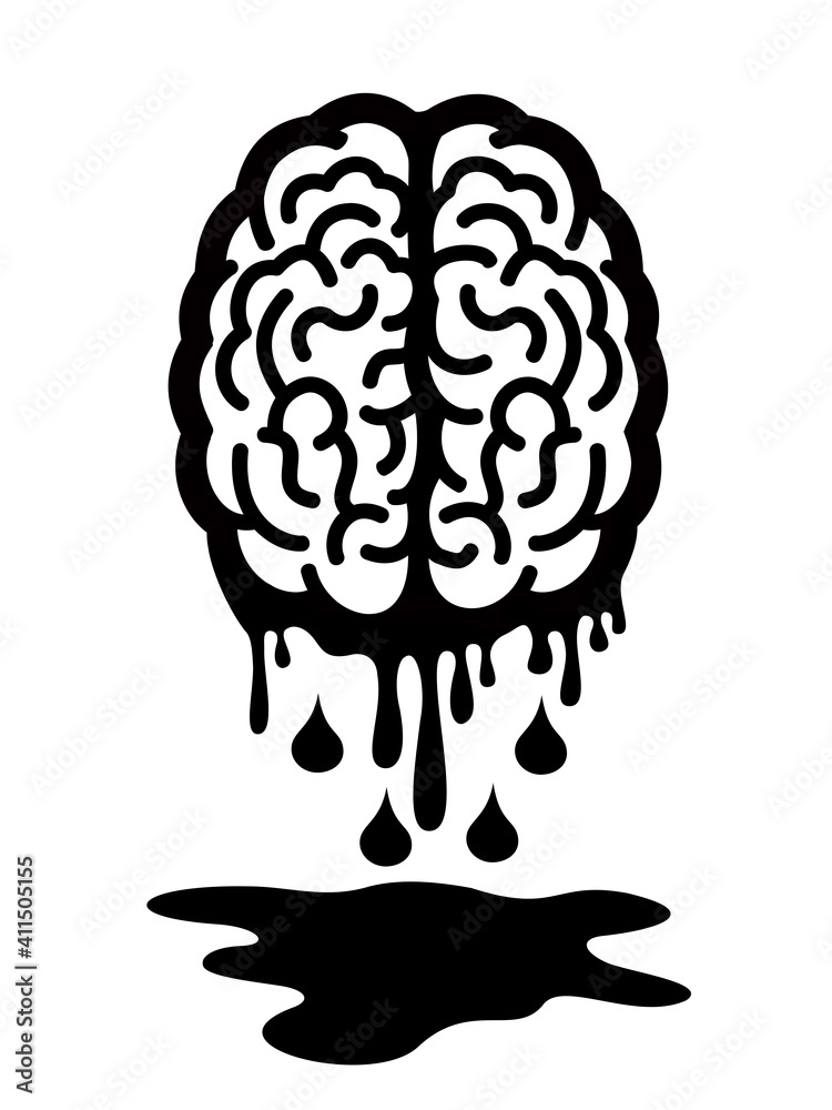 Melting brain - damage, illness and disease of intellectual organ. Deterioration, decline of intellect and mental health because of dementia or alzheimer. Vector illustration isolated on white. Melting brain - damage, illness and disease of intellectual organ. Deterioration, decline of intellect and mental health because of dementia or alzheimer. Vector illustration isolated on white.