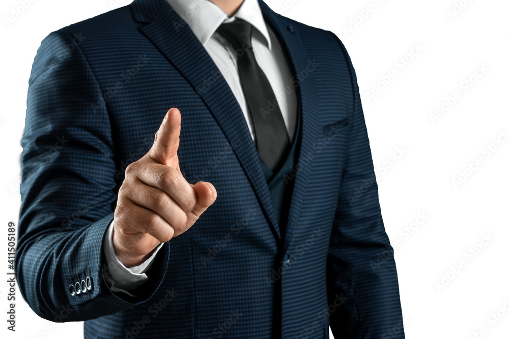 Male hand in suit shows index finger gesture on gray background. Navigator concept, head, close-up. Male hand in suit shows index finger gesture on gray background. Navigator concept, head, close-up.
