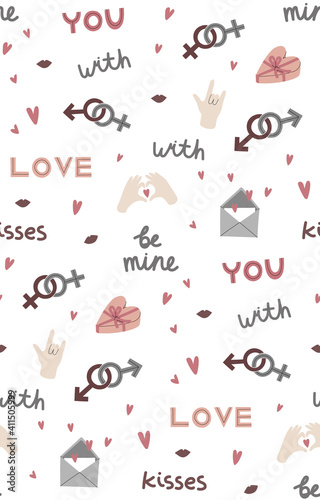 Vector seamless pattern with flat illustrations and Lettering about love. Isolated on white. Greeting background for Valentine's Day. For wrapping, fabric, wallpaper, cover
