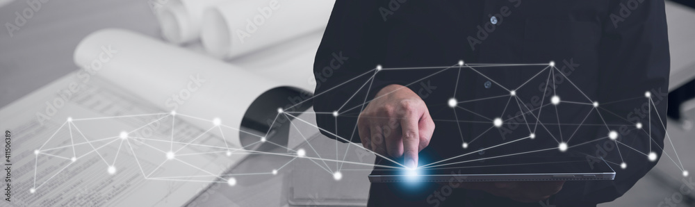 Naklejka premium Businessman finger touch on digital tablet screen, Communication 5G technology concept