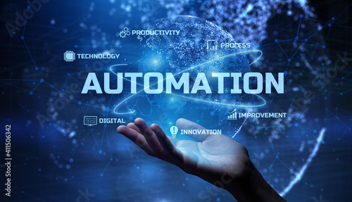 Automation - business workflow optimisation. RPA - Robotic process automation. Smart technology concept