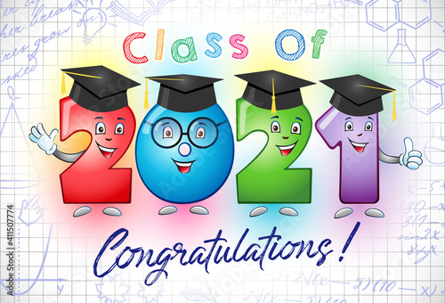 Class of 2021 year graduating banner, congrats concept. Creative funny 3D sign, class off happy holiday invitation poster. Isolated abstract graphic design template. Colorful symbol. White backdrop.