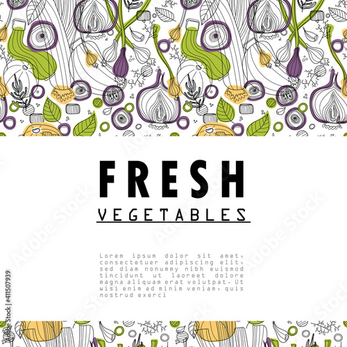 Banner of vegetables vector illustration in scandinavian style. Linear graphic. Vegetables background. Healthy food isolated on grey background.