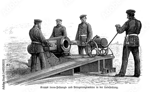Prussian army soldiers mount a Krupp 24 cm. mortar gun for coast defense, the Franco-Prussian war (1870-1871)