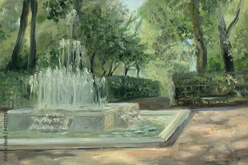 oil landscape with a fountain in the park