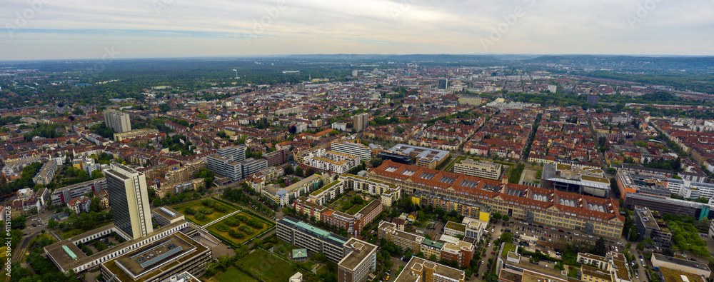 Aerial view of downtwon Karlsruhe in Germany on a cloudy day in spring	