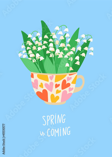 Spring illustrations with flowers muguet, cup with bouquet. Design concept of the arrival of spring. Colorful posters, postcards. Vector