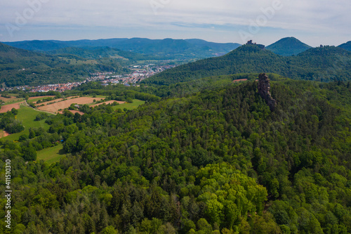 Aerial view around the city Annweiler am Trifels in Germany on a sunny spring day