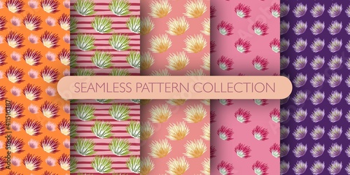 Set of seamless bush pattern. Shrubs background collection. Abstract cactus backdrop.