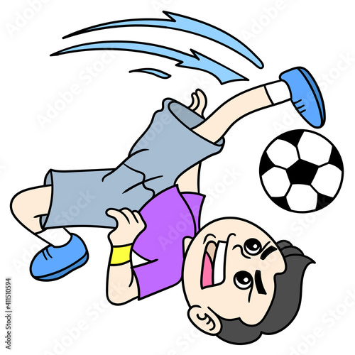 the boy kicks the ball with a flip, doodle icon image kawaii