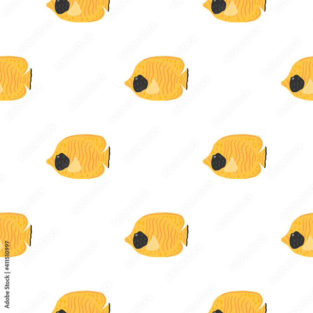 Fototapeta premium Isolated seamless marine pattern with bright yellow butterfly fish shapes. White background.