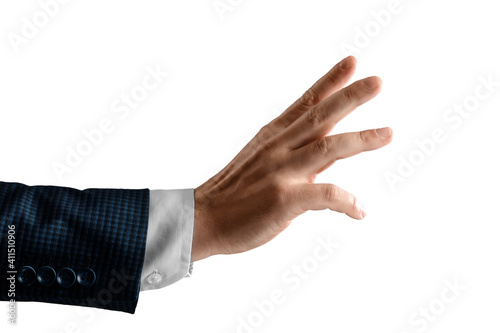 The hand of a man in a business catches something. Stock for business concept. Close-up, copy space.