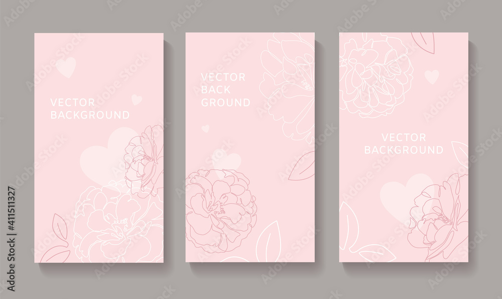 Set of pink floral backgrounds in minimalist style with single line rose flowers and hearts. Design for romantic social media stories with space for text. - Vector