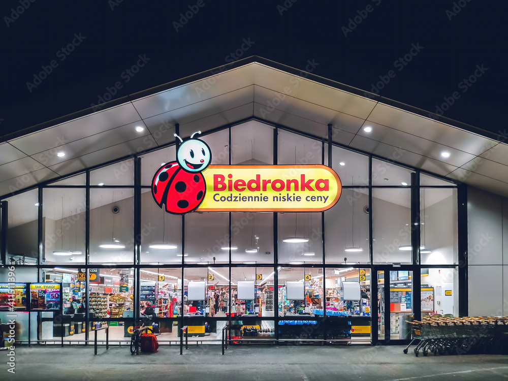 Sklep Biedronka - one of the largest chain supermarkets in Poland. Poznan -  February 2021 Stock Photo | Adobe Stock