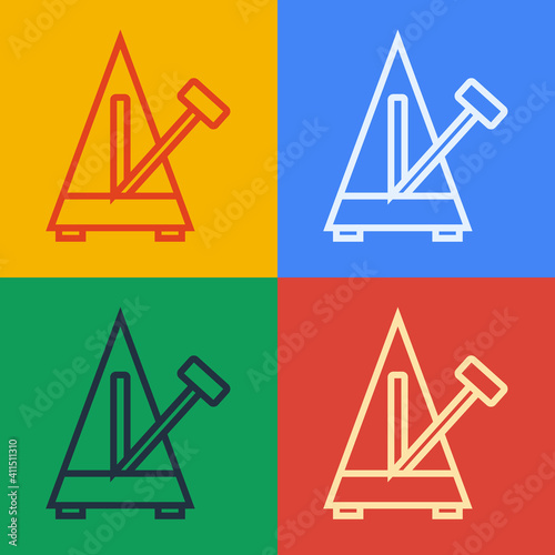 Pop art line Classic Metronome with pendulum in motion icon isolated on color background. Equipment of music and beat mechanism. Vector.