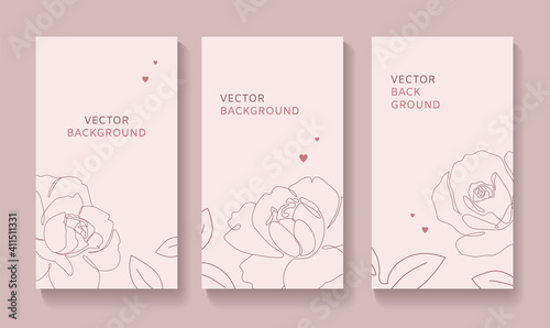 Set of romantic floral covers for social media story, card, banner, poster. Single line rose illustration with hearts on pastel colored background. - Vector