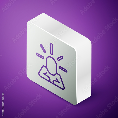 Isometric line Depression and frustration icon isolated on purple background. Man in depressive state of mind. Mental health problems. Silver square button. Vector.