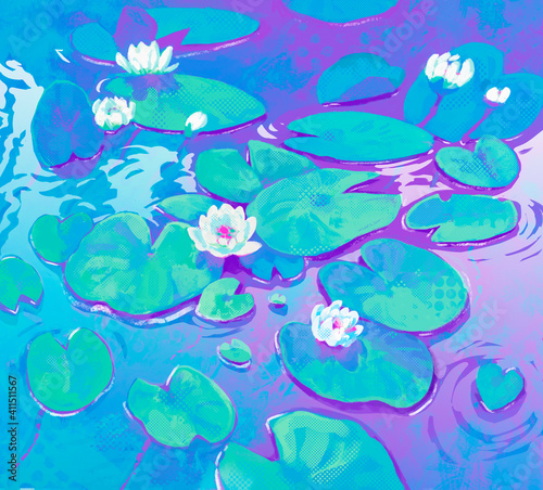 Bright blooming water lilies in the swamp