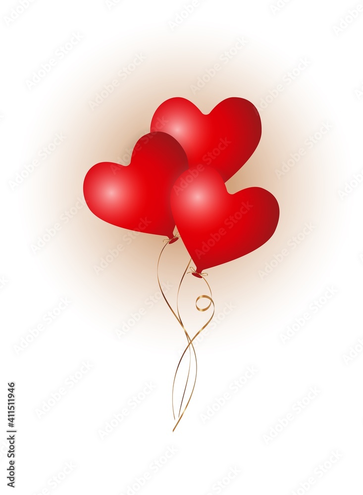 tre 3d matt red flying heart balloons with golden ribbon, vertical stock vector illustration clipart for banner, postcard, post design