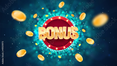 Extra bonus gold text on retro red board vector banner. Win prize congratulations illustration for casino or online games. Explosion coins on dark blue background with blur motion effect photo