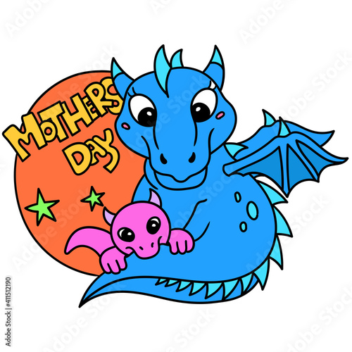 Mother day cartoon banner with the dragon mother and child logo, doodle icon image kawaii