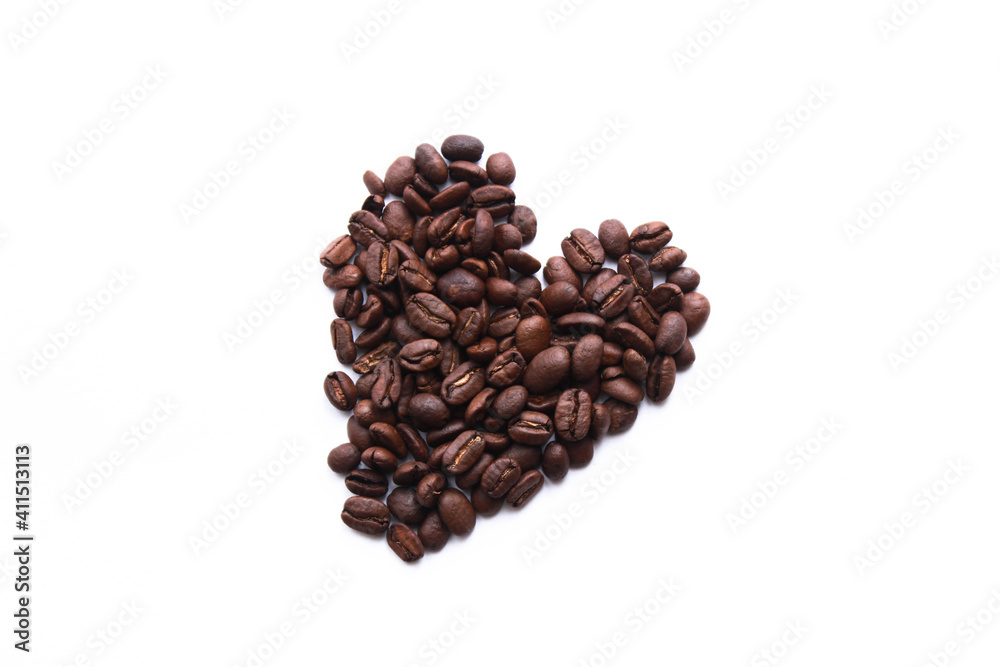 For valentines day or for lgbt day; heart shape made from coffee beans, love and coffee themed concept background photo isolated on white background. Top view, copy space for your text. For valentines day or for lgbt day; heart shape made from coffee beans, love and coffee themed concept background photo isolated on white background. Top view, copy space for your text.