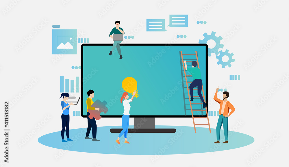 Teamwork concept. People with big computer display and floating icons