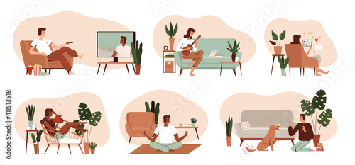 Set of people's home activities. Scenes with hobbies and hobbies. Watching TV, playing the ukulele, reading books