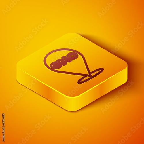 Isometric line GMO icon isolated on orange background. Genetically modified organism acronym. Dna food modification. Yellow square button. Vector.