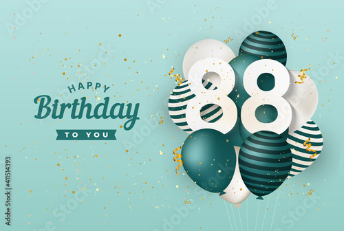 Happy 88th birthday with green balloons greeting card background. 88 years anniversary. 88th celebrating with confetti. Vector stock